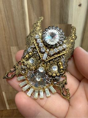 Vintage Signed JANE Angel Pin, Mixed Metals With Crystals Brooch Victorian